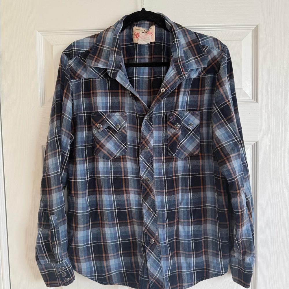OPEN TO OFFERS!!! Wrangler Men's Blue and Brown Plaid Snap-Front Casual Shirt